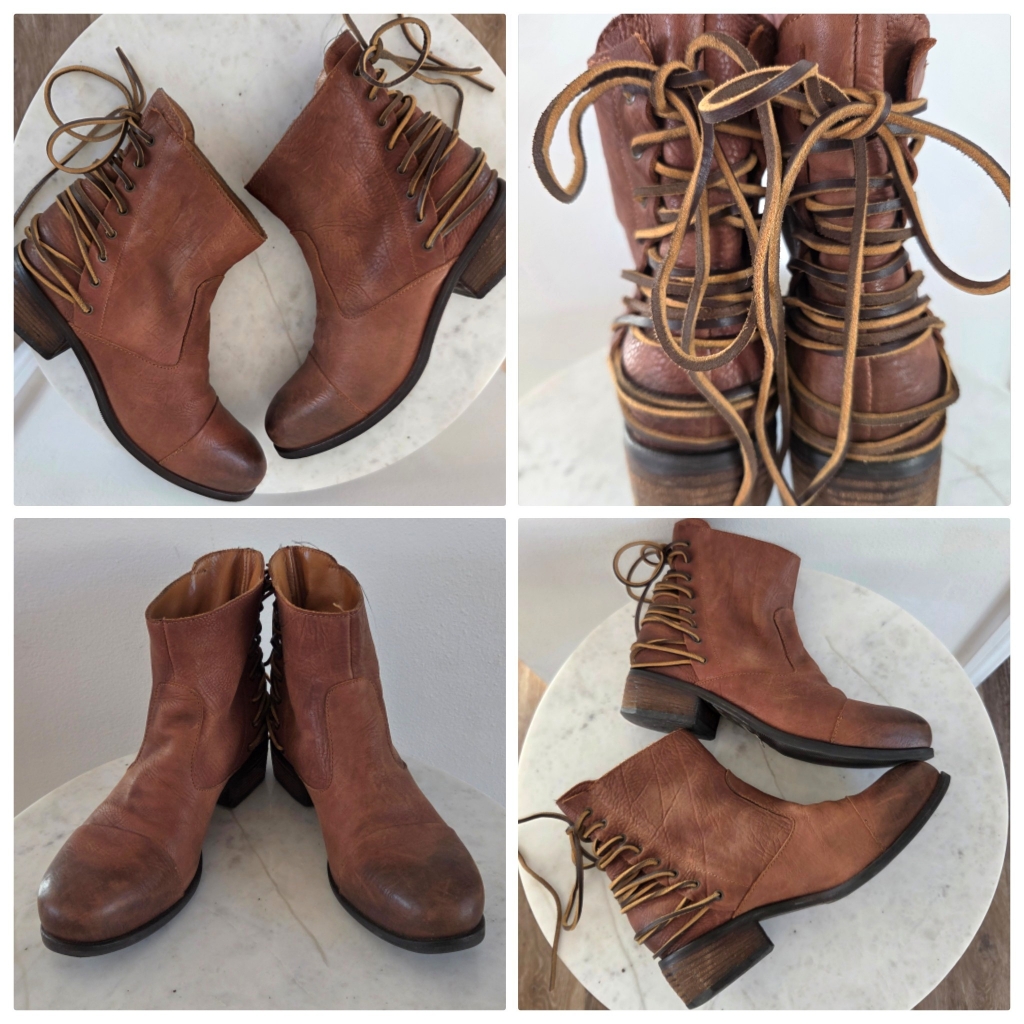 Vero Cuoio Brown Leather Ankle Boots Booties Lace-Up Sturdy Cowgirl Rodeo Boho